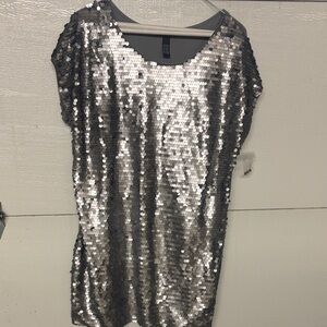 Alfani Silver Sequin Short Sleeve Tunic Top